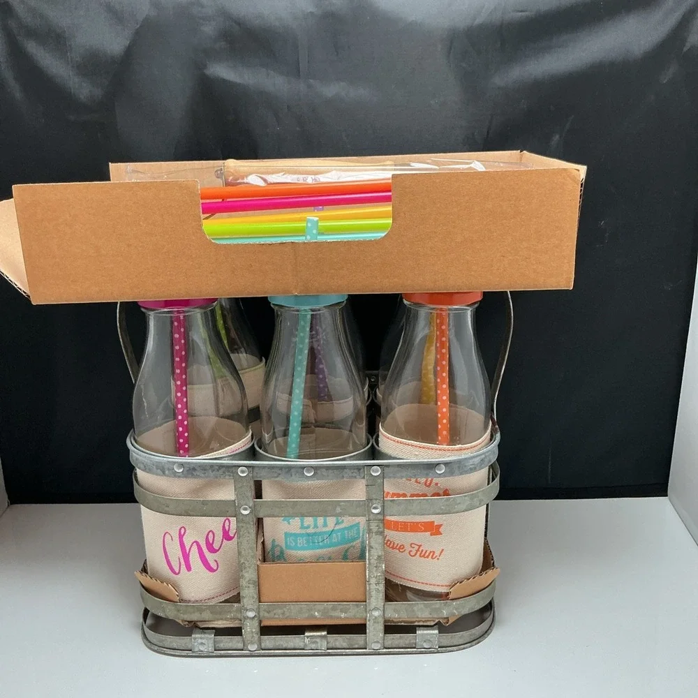 6 Summer drink Glass Milk Bottles‎ Jugs Metal Caddy & 12 Reusable Straws